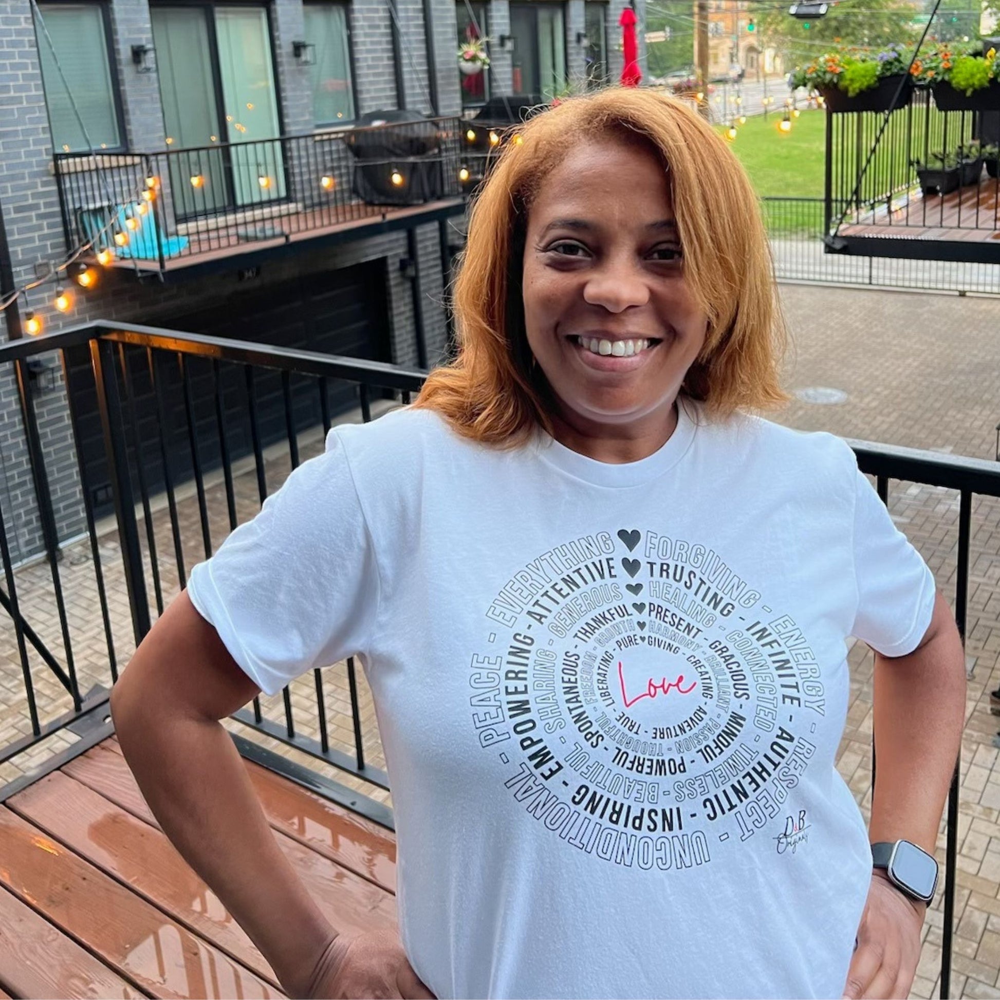 Love is Everything women’s comfort tee in white — real customer wearing front view (D&B Originals)