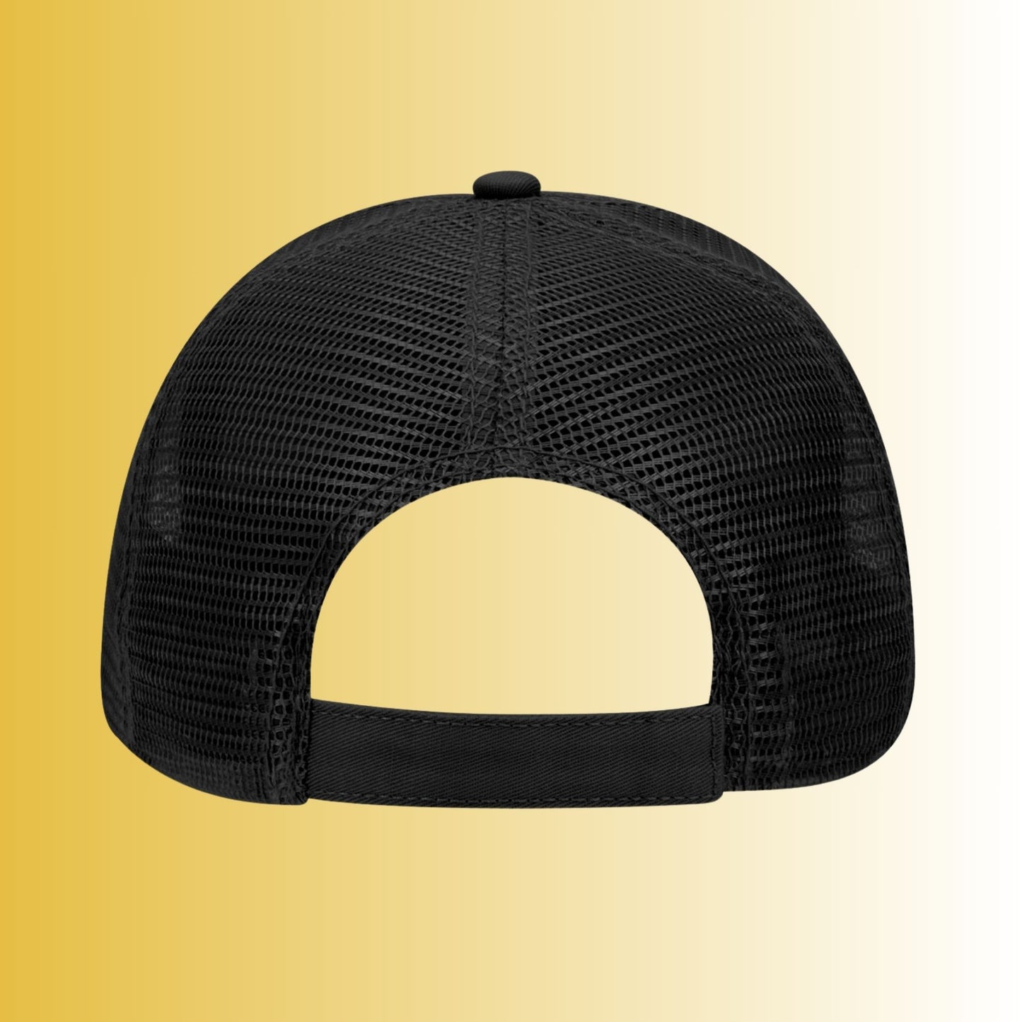 God Works trucker cap — back view with black mesh and adjustable snapback