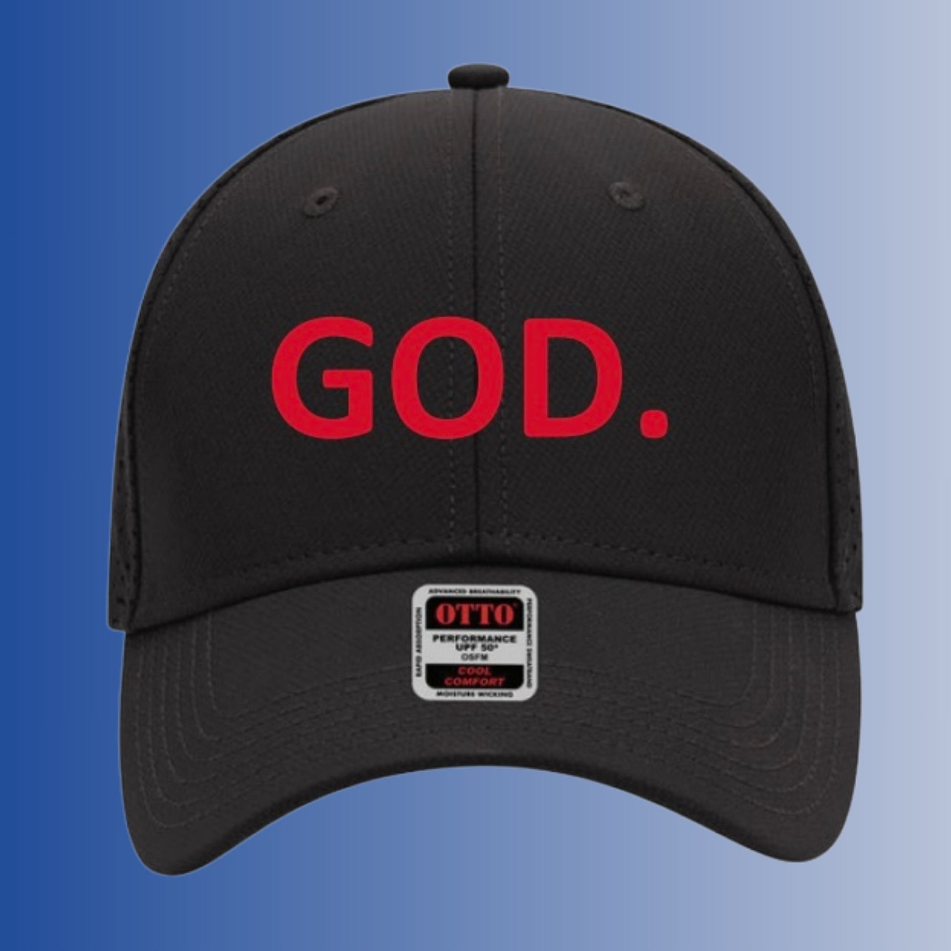 God Works trucker cap mockup — front view — red ‘GOD.