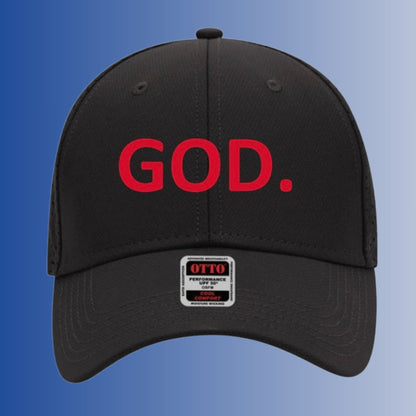 God Works trucker cap mockup — front view — red ‘GOD.