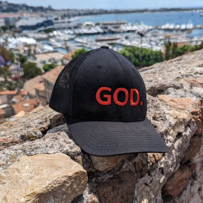 God Works trucker cap in black with red ‘GOD.’ – D&B Originals