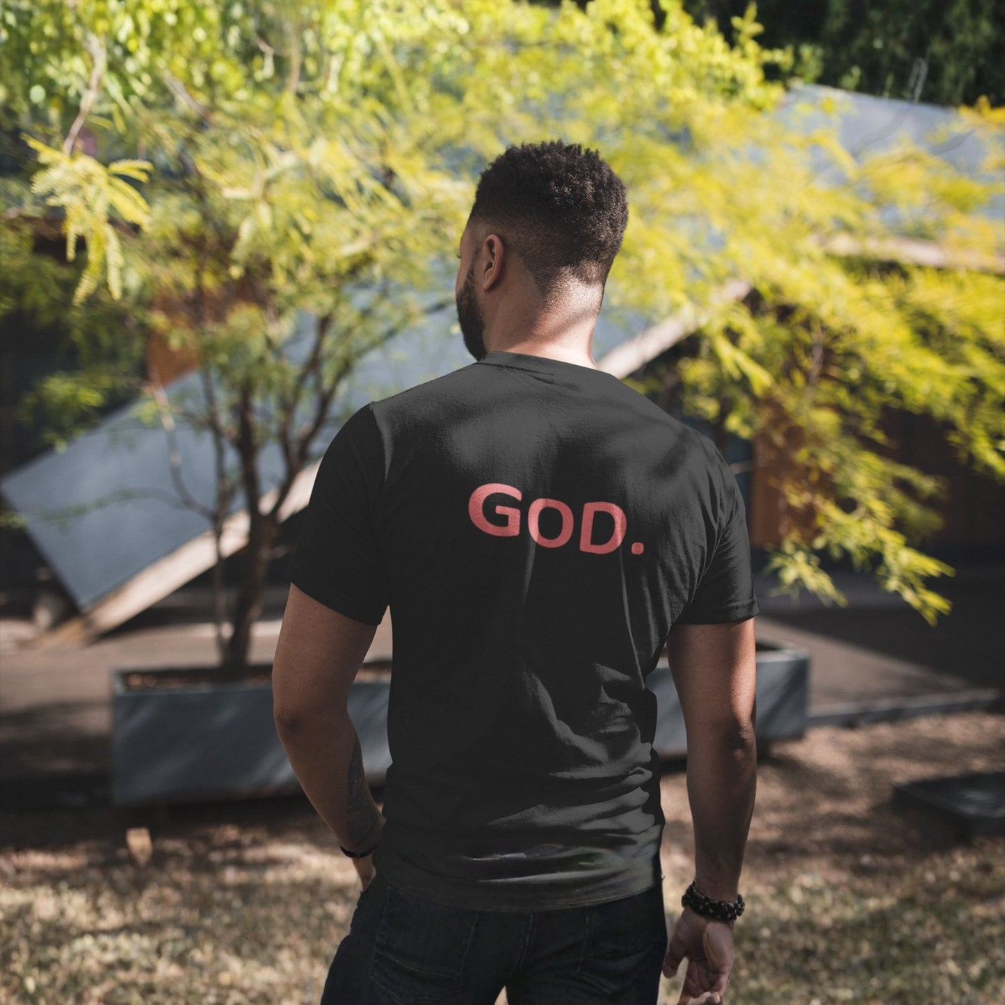 God Works men’s comfort tee (black) – red GOD on back – D&B Originals