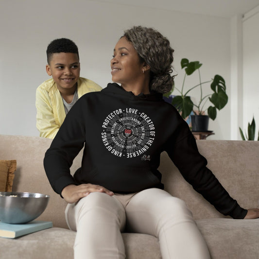 Woman wearing black God Works hoodie with front design.